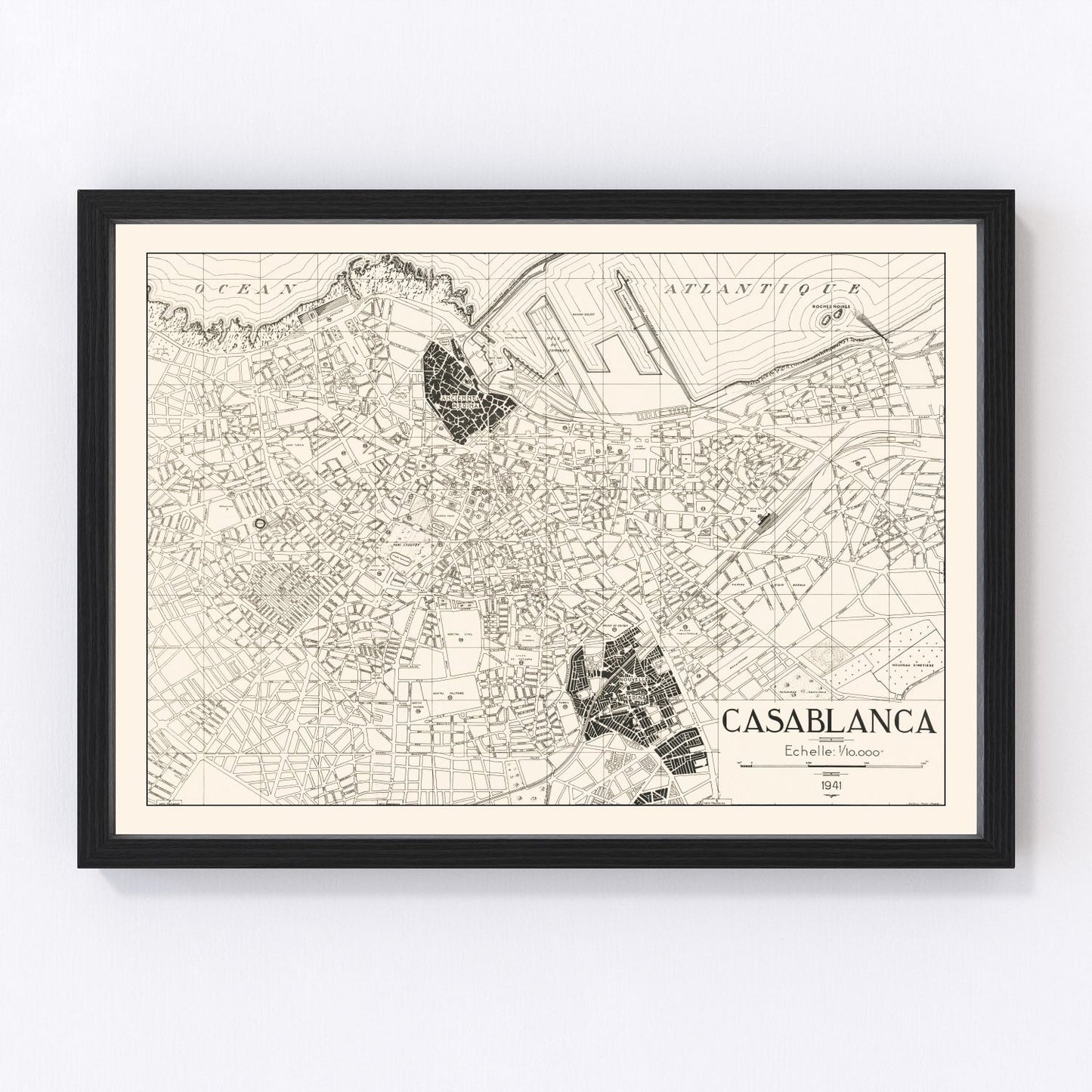 Vintage map of Casablanca, Morocco, 1941, restored vintage wall art print