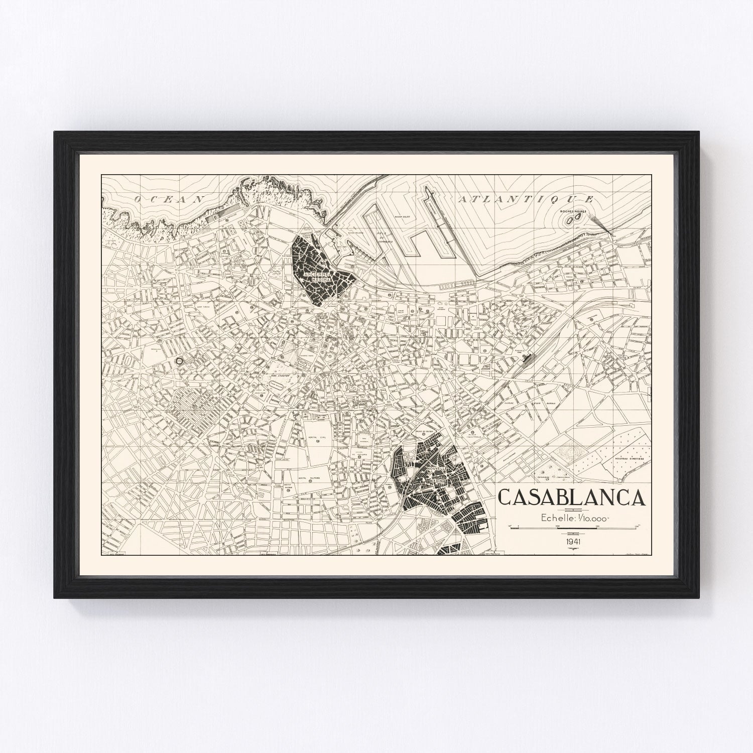 Vintage map of Casablanca, Morocco, 1941, restored vintage wall art print