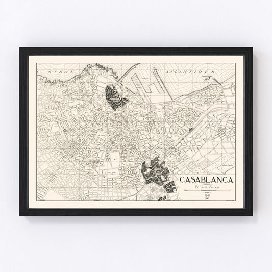 Vintage map of Casablanca, Morocco, 1941, restored vintage wall art print