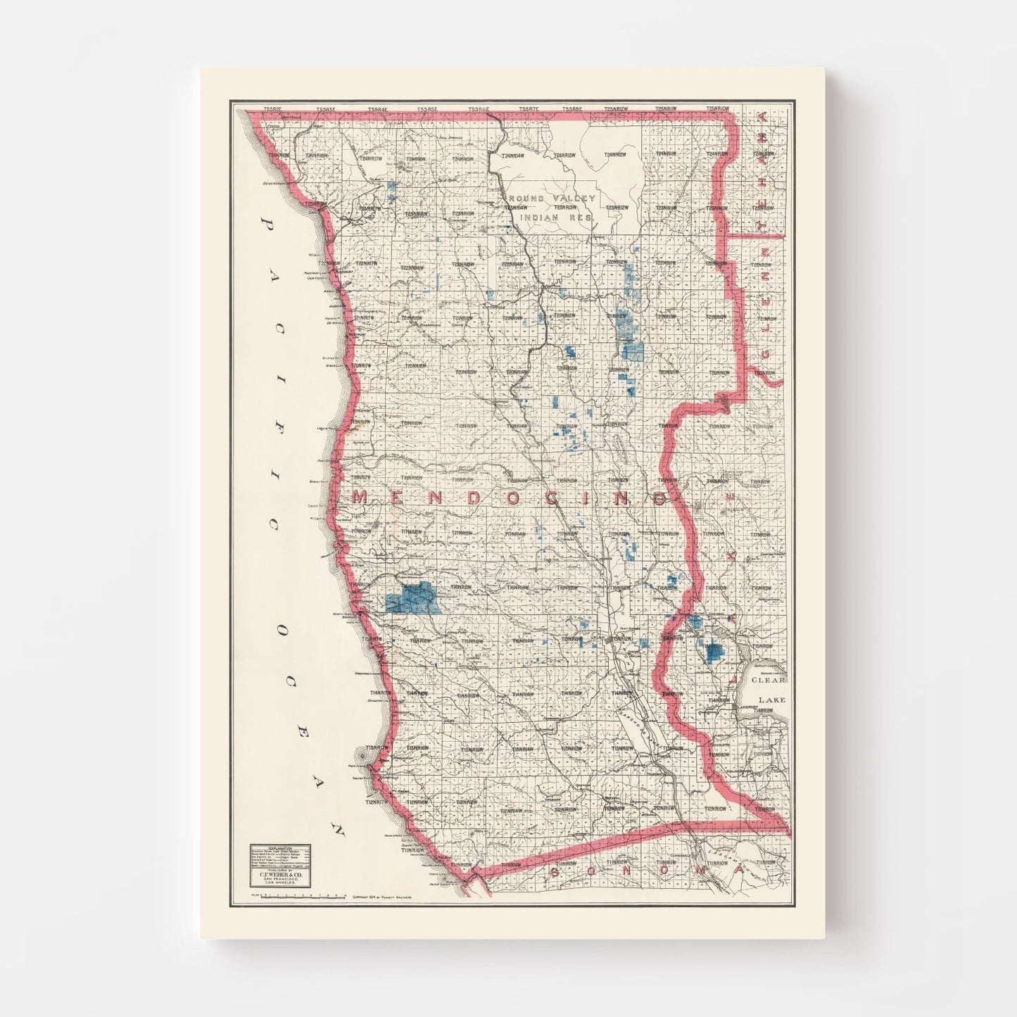Vintage Map of Mendocino County, California, 1914