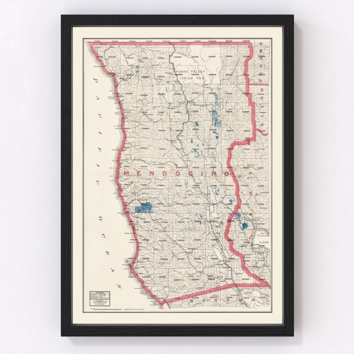 Vintage map of Mendocino County, California, 1914