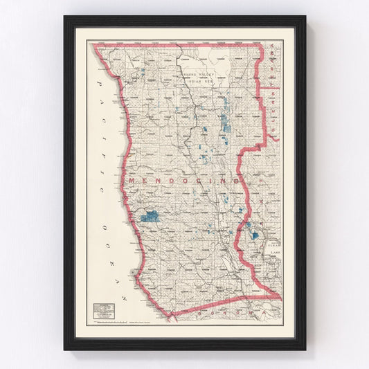Vintage map of Mendocino County, California, 1914