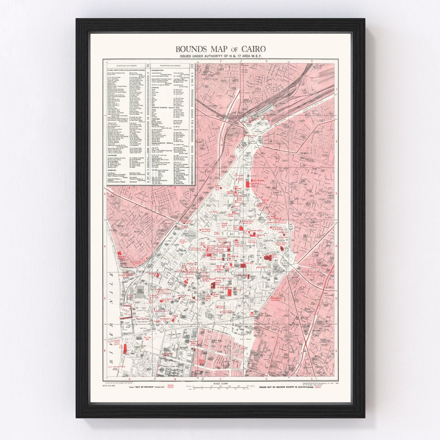 Vintage map of Cairo, Egypt, 1945, digitally restored