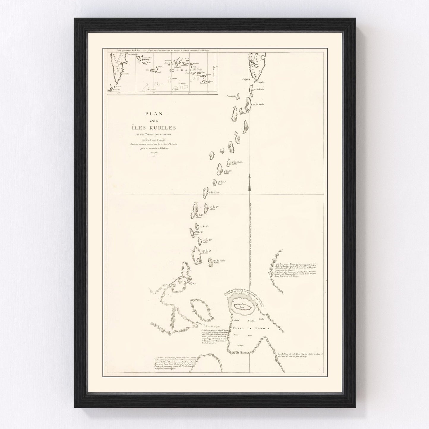 Vintage map of the Kuril Islands volcanic Pacific archipelago, 1788
