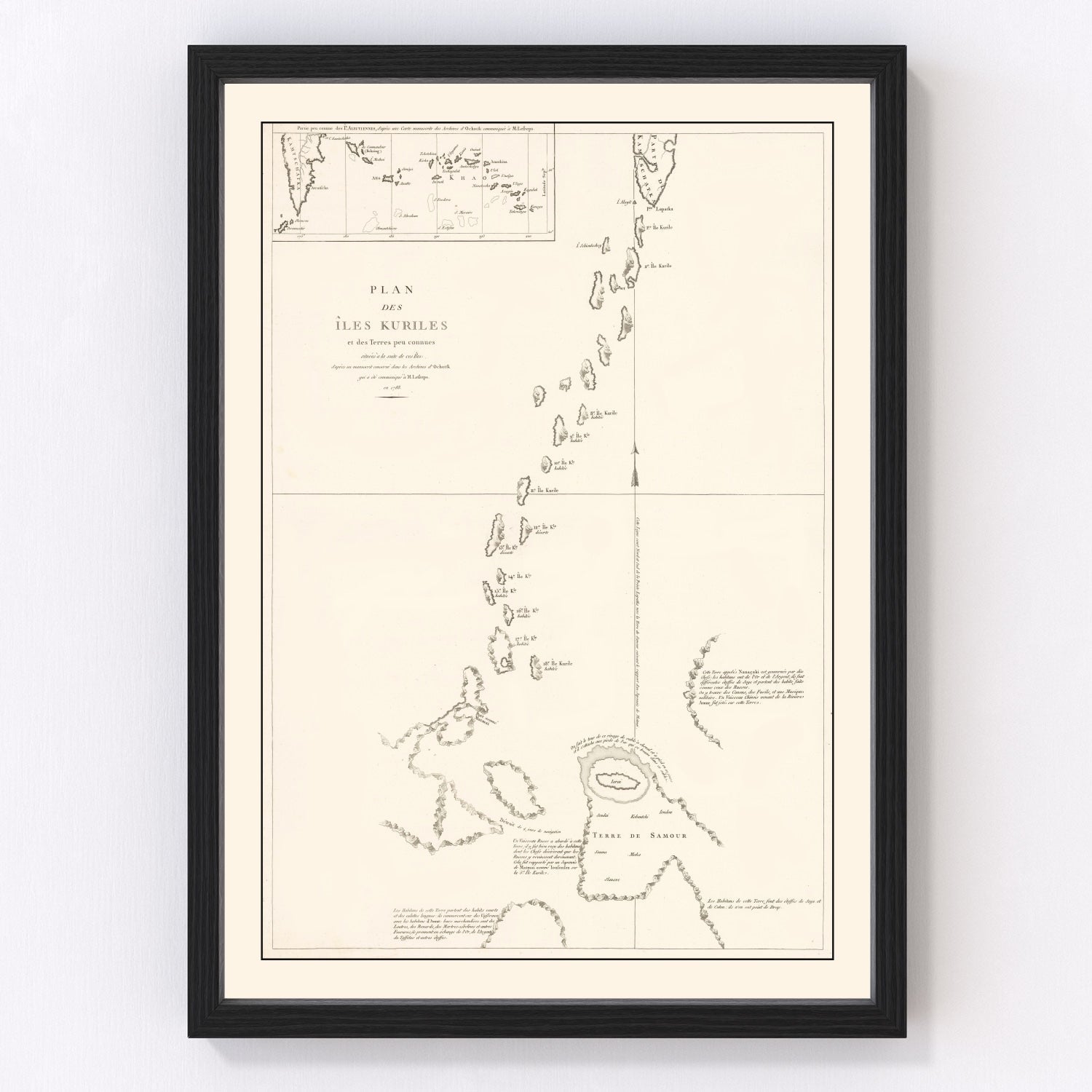 Vintage map of the Kuril Islands volcanic Pacific archipelago, 1788
