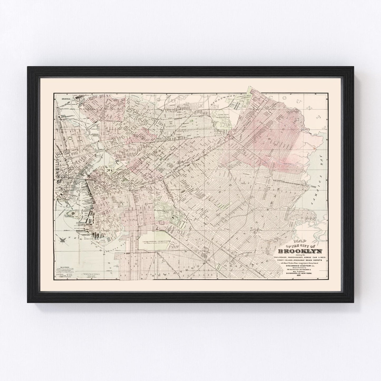 vintage map of Brooklyn New York, 1891, restored print wall art