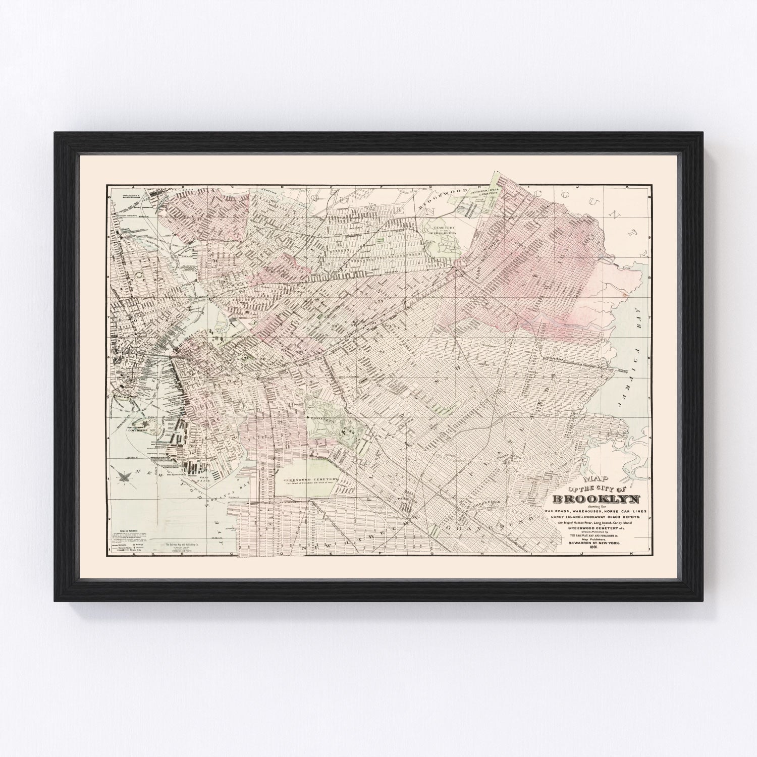 vintage map of Brooklyn New York, 1891, restored print wall art