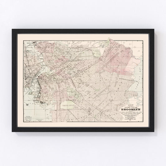 vintage map of Brooklyn New York, 1891, restored print wall art