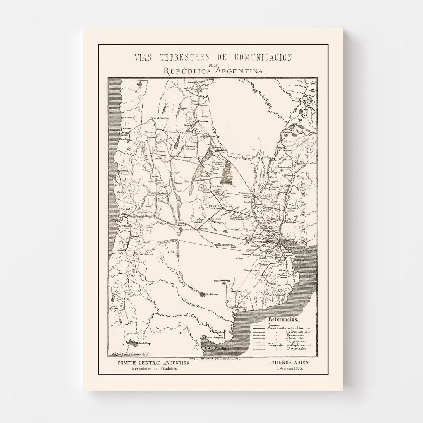 Vintage Map of Argentina, 1876