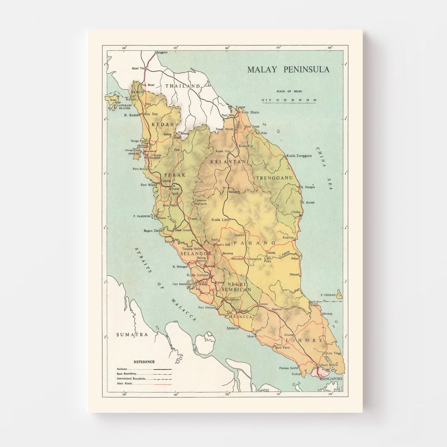 Vintage Malay Peninsula Map, 1955