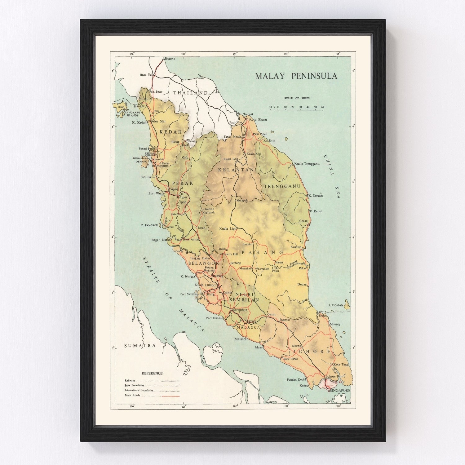 Vintage map of the Malay Peninsula, 1955