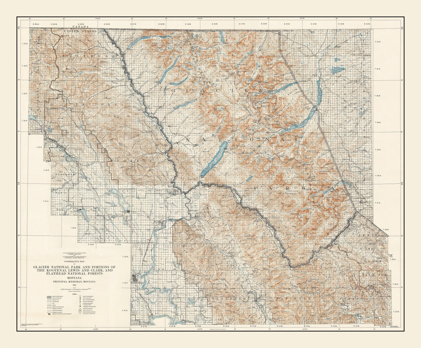 Vintage Glacier National Park Map, 1935