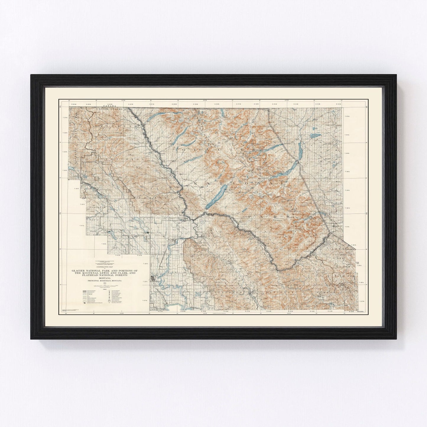 Vintage NPS map of Glacier National Park, peaks and glaciers, 1935