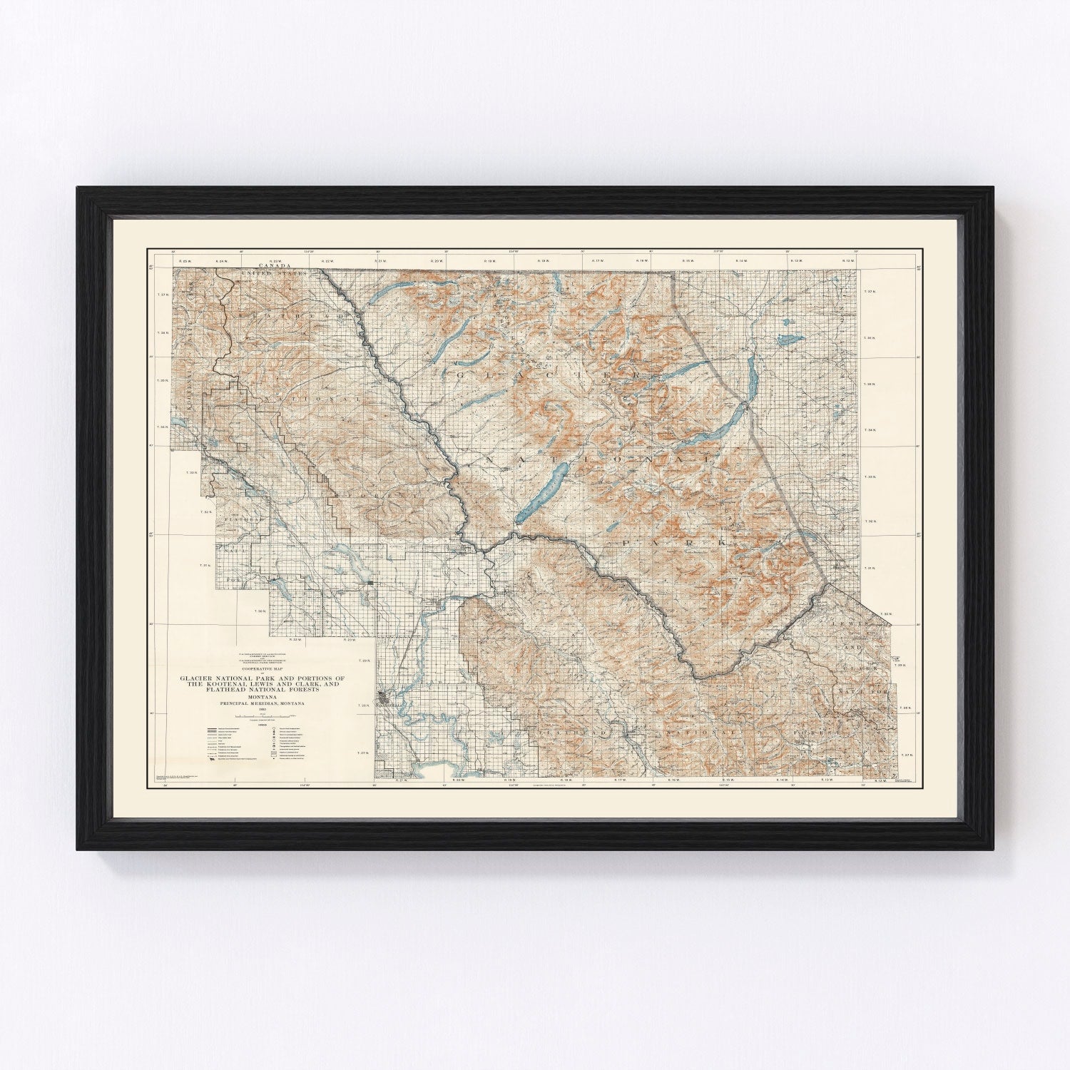 Vintage NPS map of Glacier National Park, peaks and glaciers, 1935