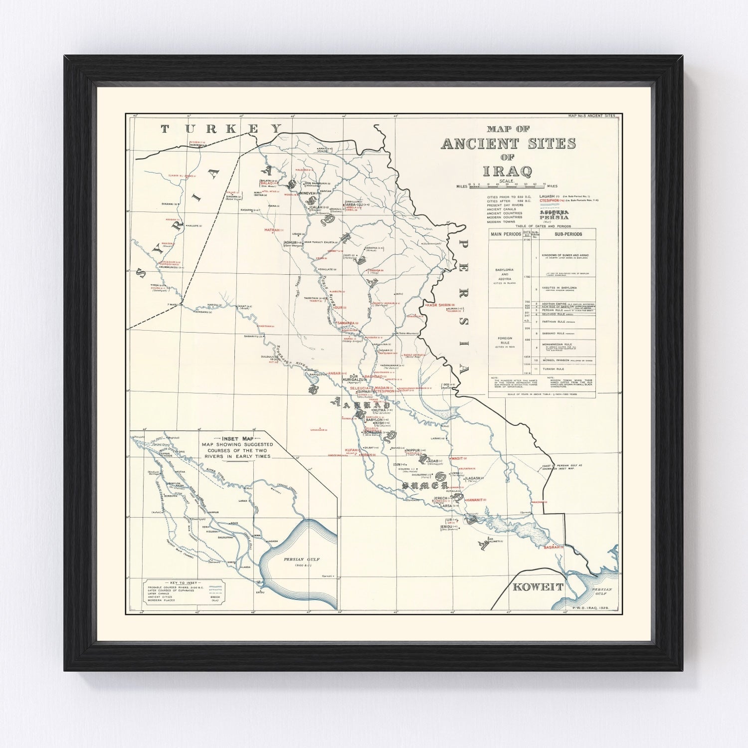 vintage map of the ancient sites of Iraq, Mesopotamia, 1929