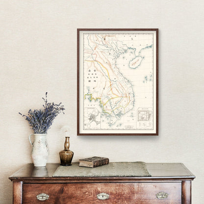 Vintage Vietnam and Cambodia Map, 1881