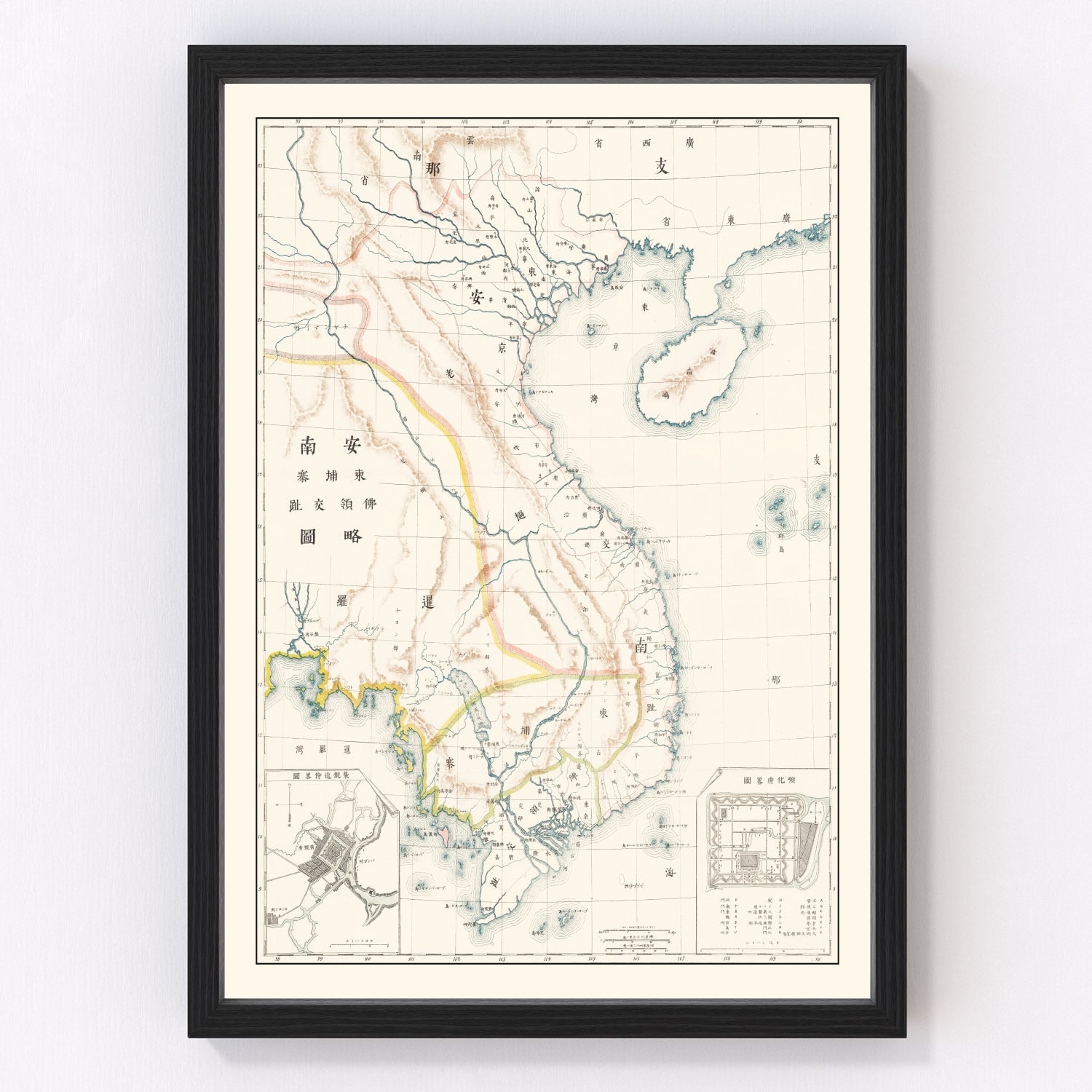 Vintage 1881 map of Vietnam and Cambodia during French Indochina era, restored cartographic print