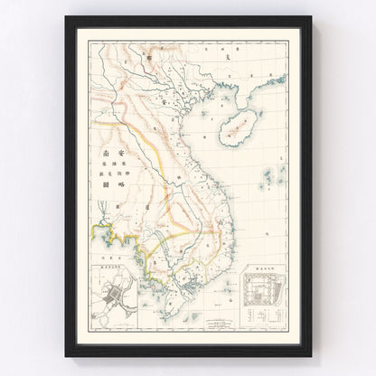 Vintage 1881 map of Vietnam and Cambodia during French Indochina era, restored cartographic print