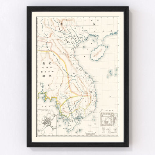Vintage 1881 map of Vietnam and Cambodia during French Indochina era, restored cartographic print