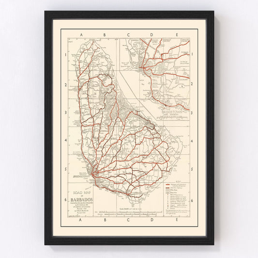 Vintage map of Barbados, 1956