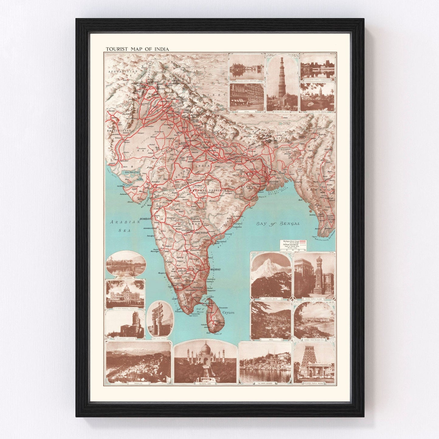 Vintage tourist map of India, British Raj era, 1930