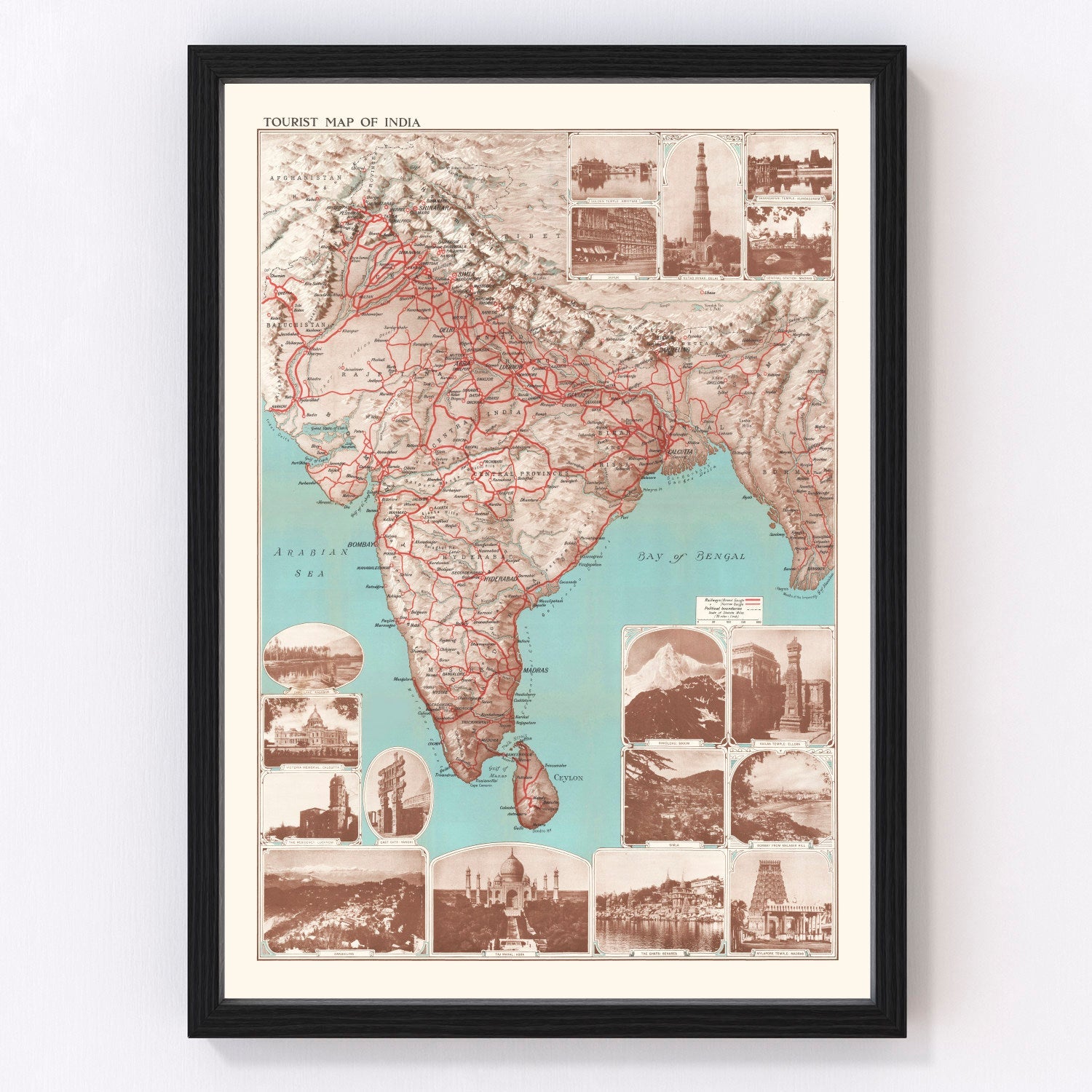 Vintage tourist map of India, British Raj era, 1930