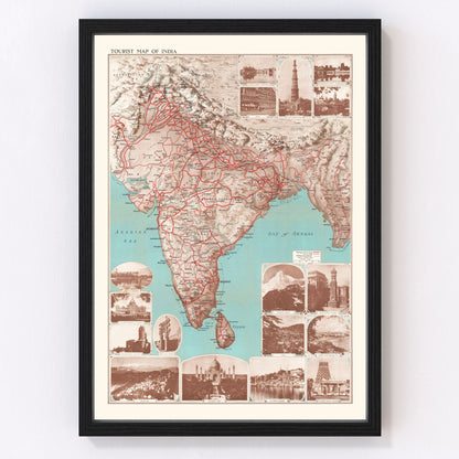 Vintage tourist map of India, British Raj era, 1930