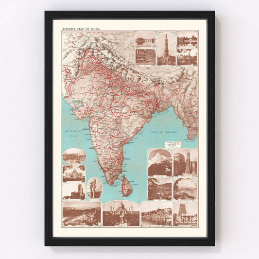 Vintage tourist map of India, British Raj era, 1930
