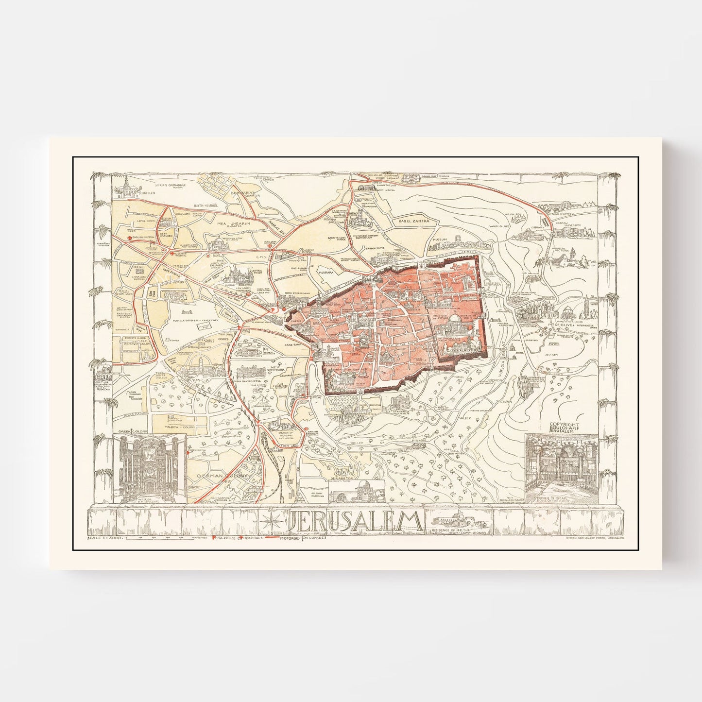 Vintage Map of Jerusalem, Israel, 1935