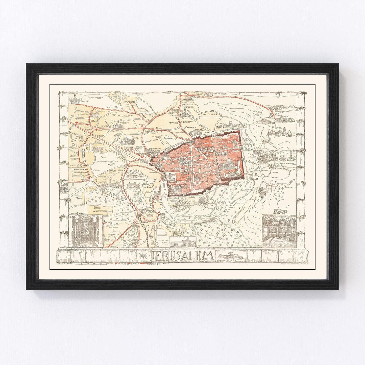 Vintage map of Jerusalem, Israel, 1935