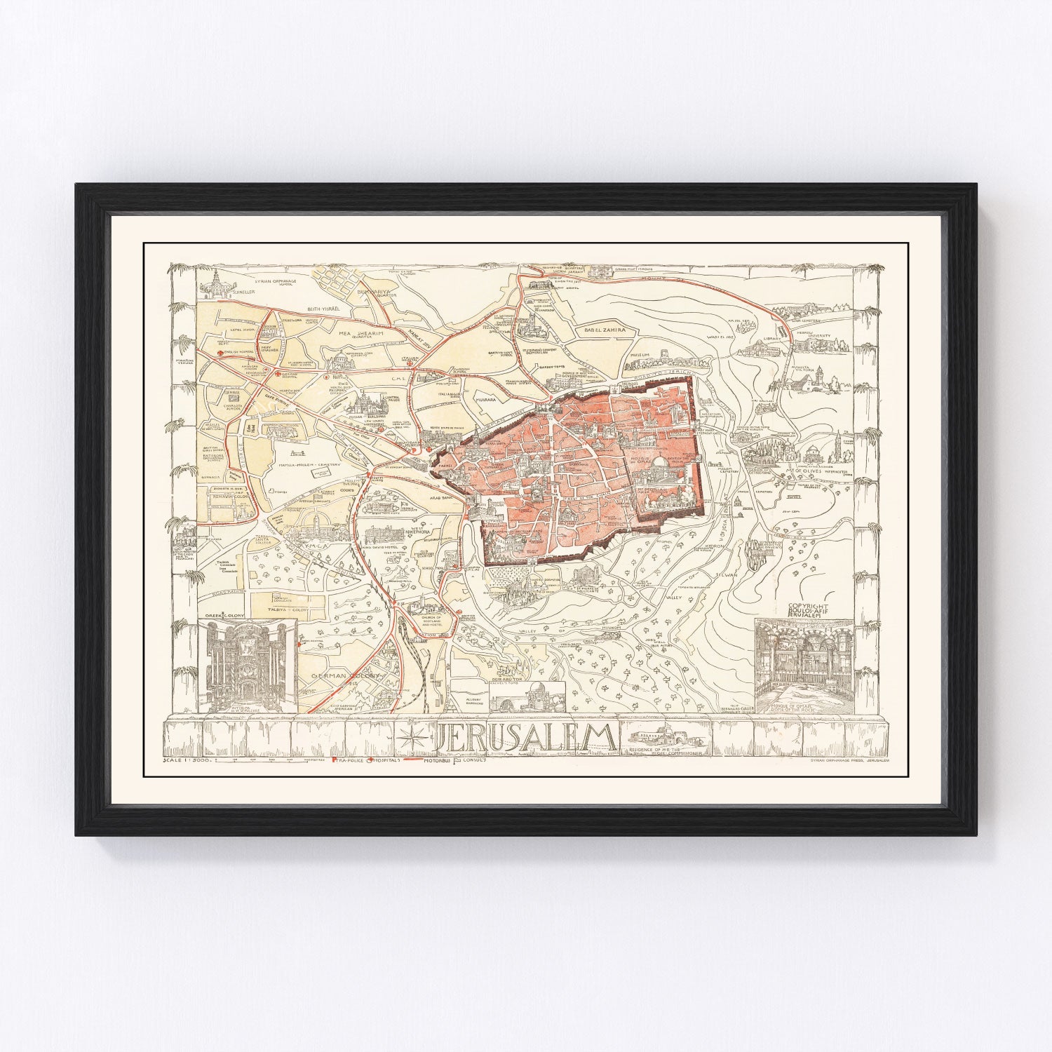 Vintage map of Jerusalem, Israel, 1935