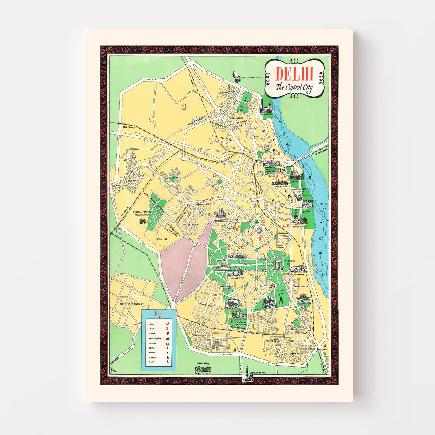 Vintage Map of Delhi, India, 1960