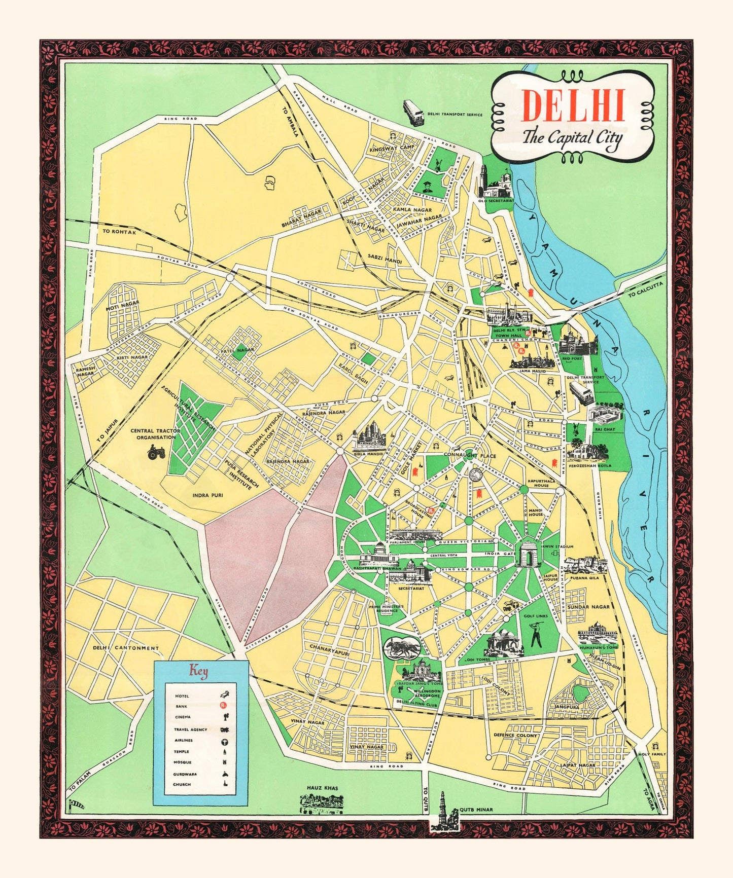 Vintage Map of Delhi, India, 1960