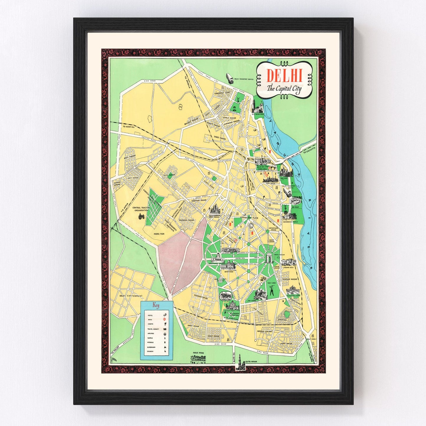 vintage map of Delhi, India, 1960