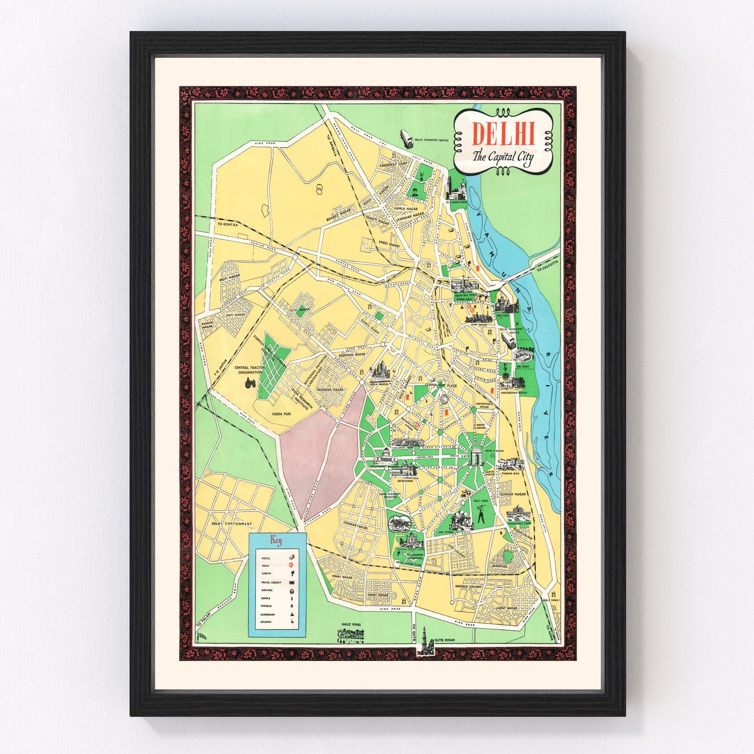 vintage map of Delhi, India, 1960