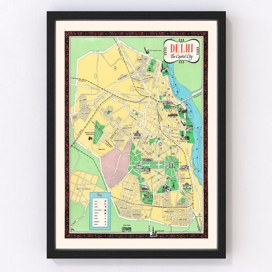 vintage map of Delhi, India, 1960