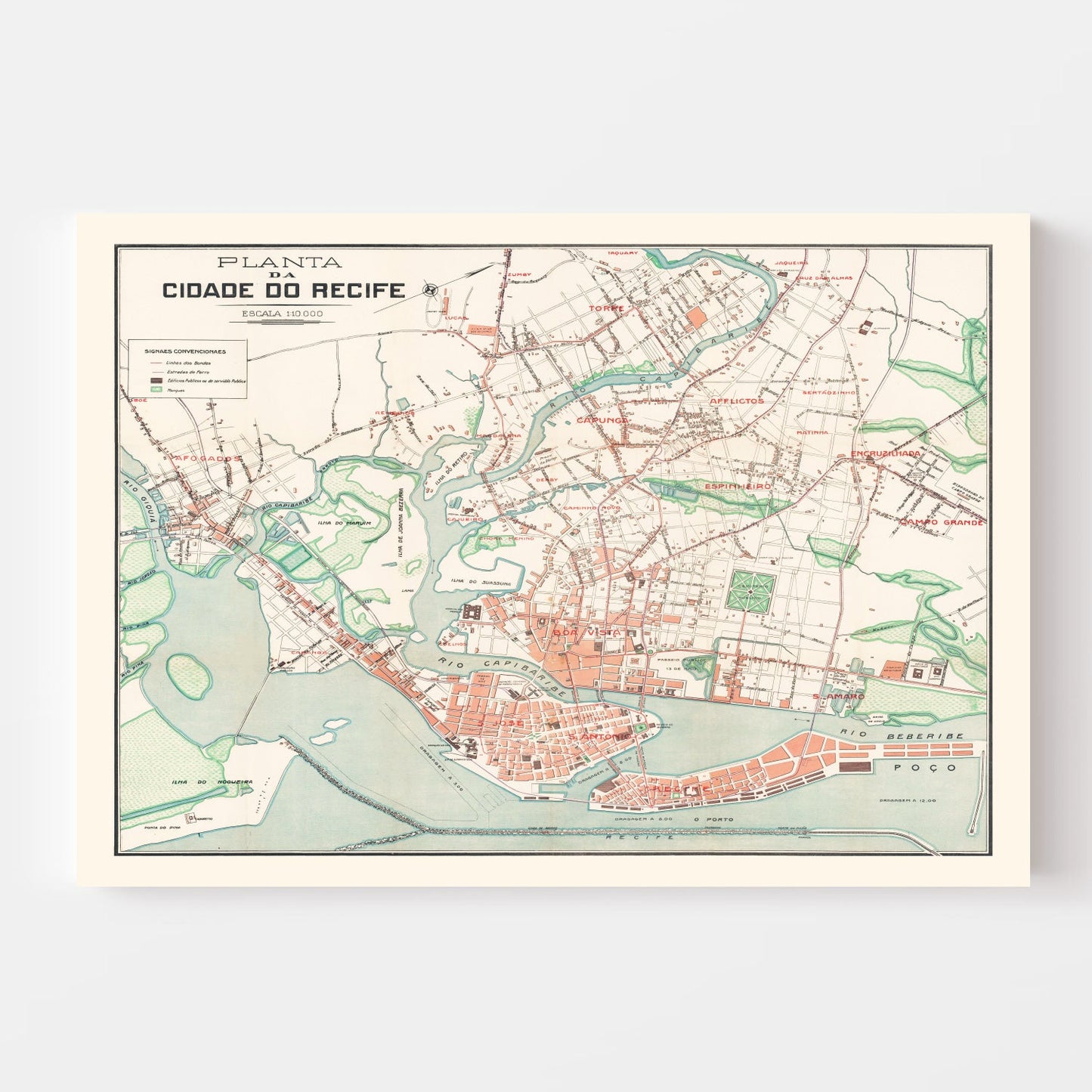Vintage Map of Recife, Brazil, 1914