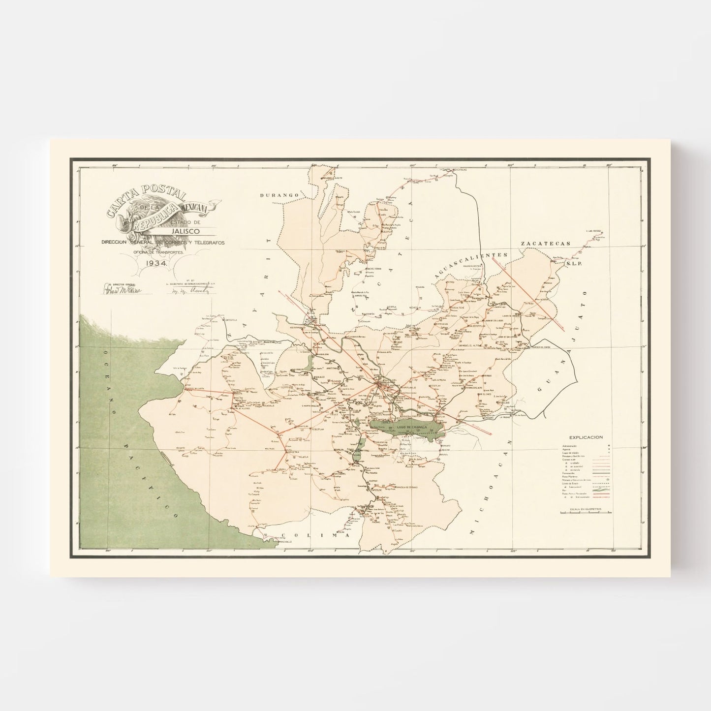Vintage Jalisco, Mexico Map, 1934