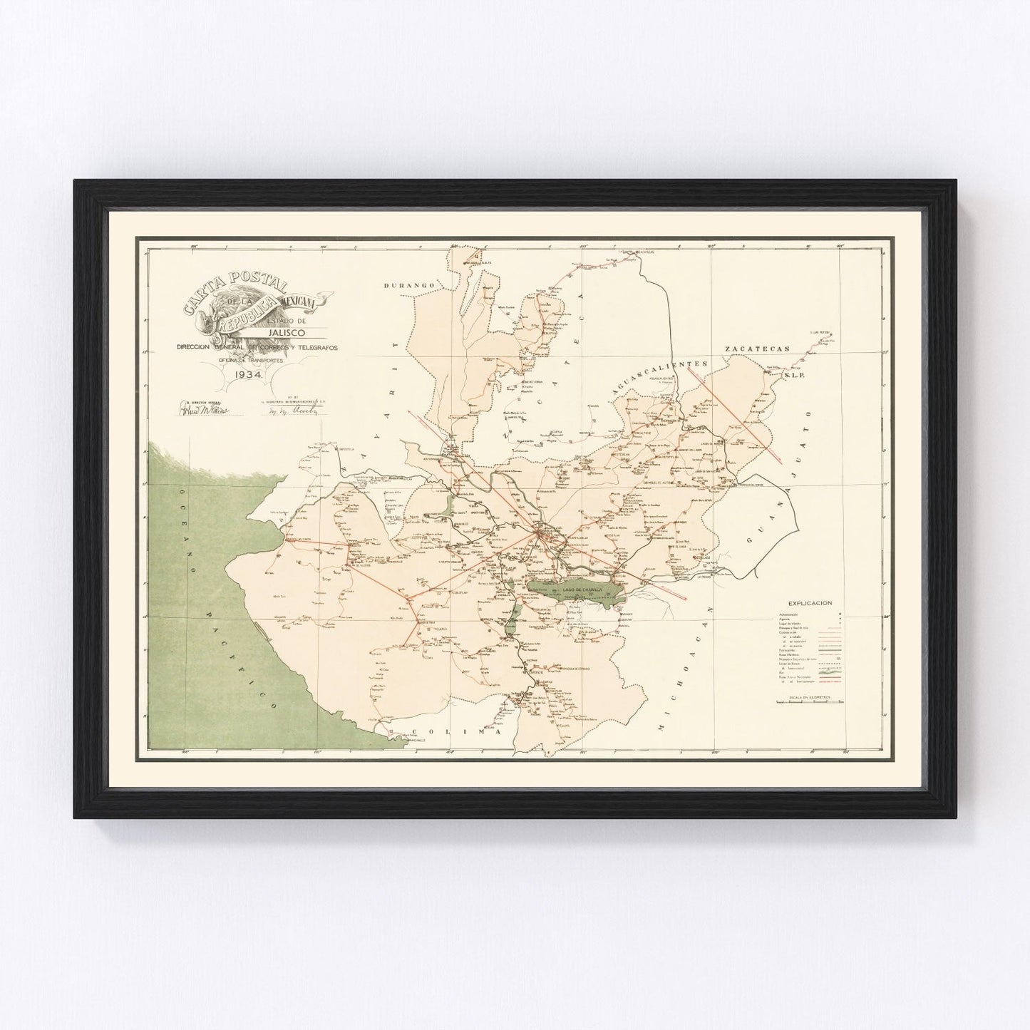 Vintage map of Jalisco, Mexico, Guadalajara region, 1934