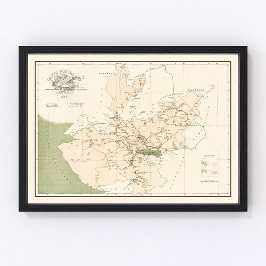 Vintage map of Jalisco, Mexico, Guadalajara region, 1934