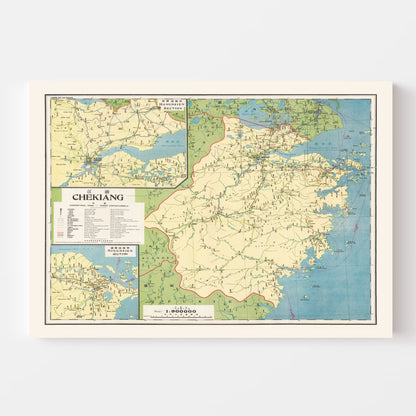 Vintage Map of Zhejiang Province, China, 1933