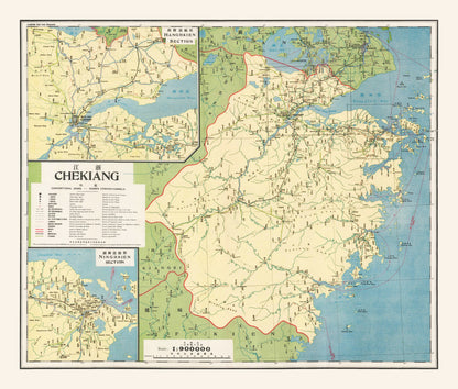Vintage Map of Zhejiang Province, China, 1933