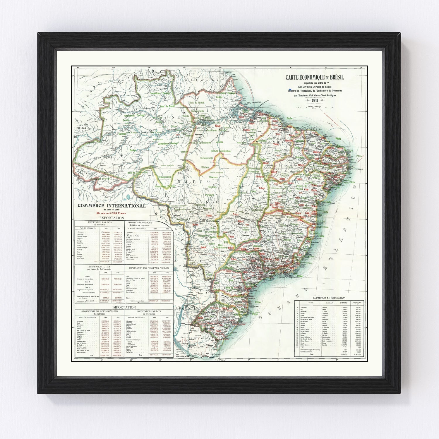 vintage map of Brazil, 1911, restored print wall art
