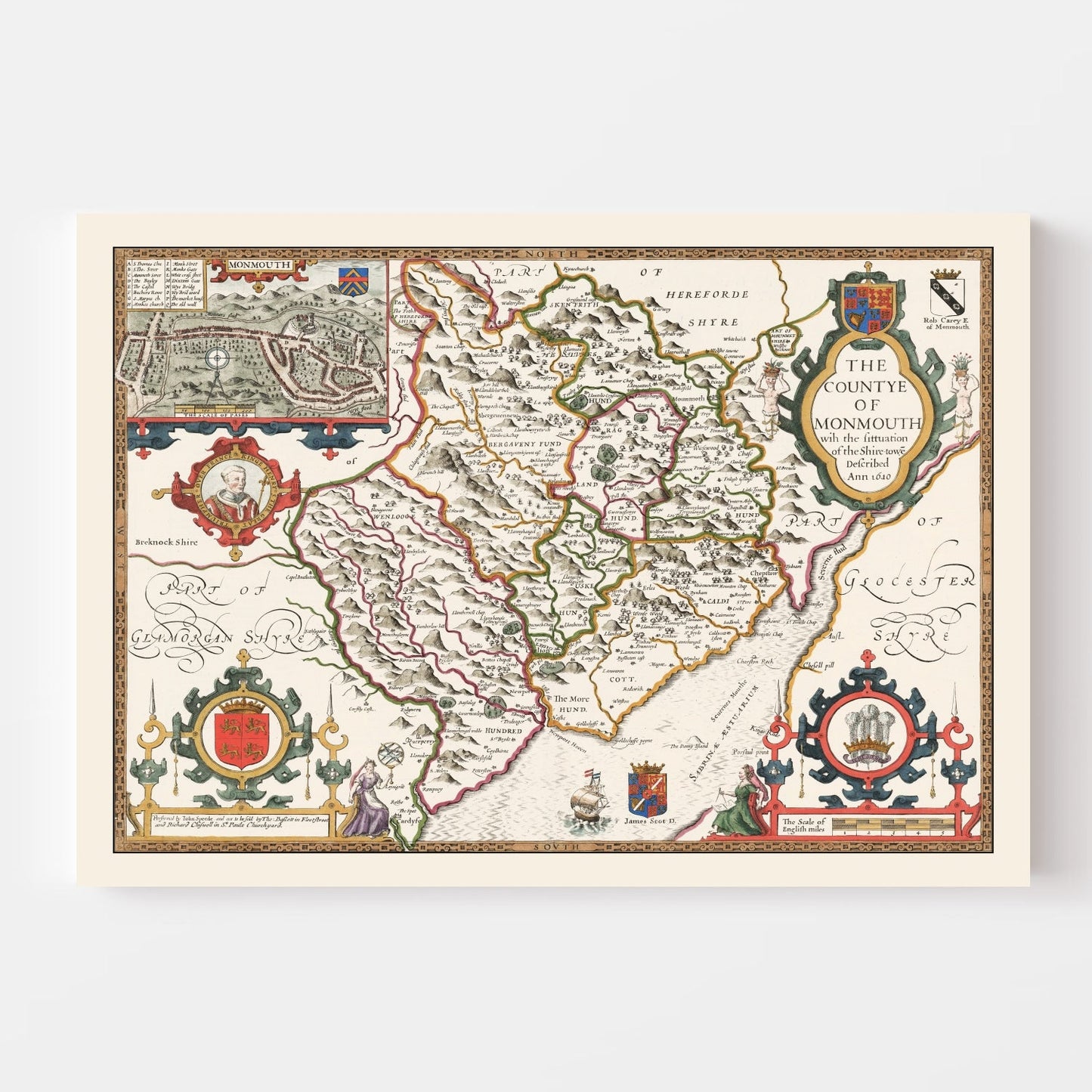 Vintage Map of Monmouthshire, Wales, 1676