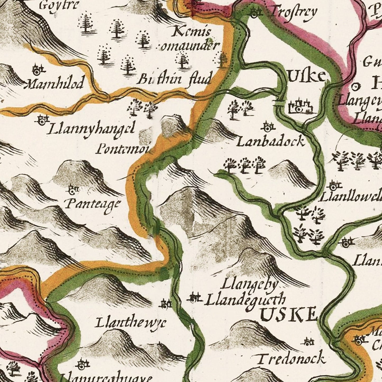 Vintage Map of Monmouthshire, Wales, 1676