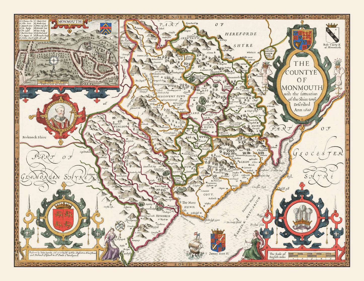 Vintage Map of Monmouthshire, Wales, 1676