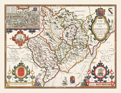 Vintage Map of Monmouthshire, Wales, 1676