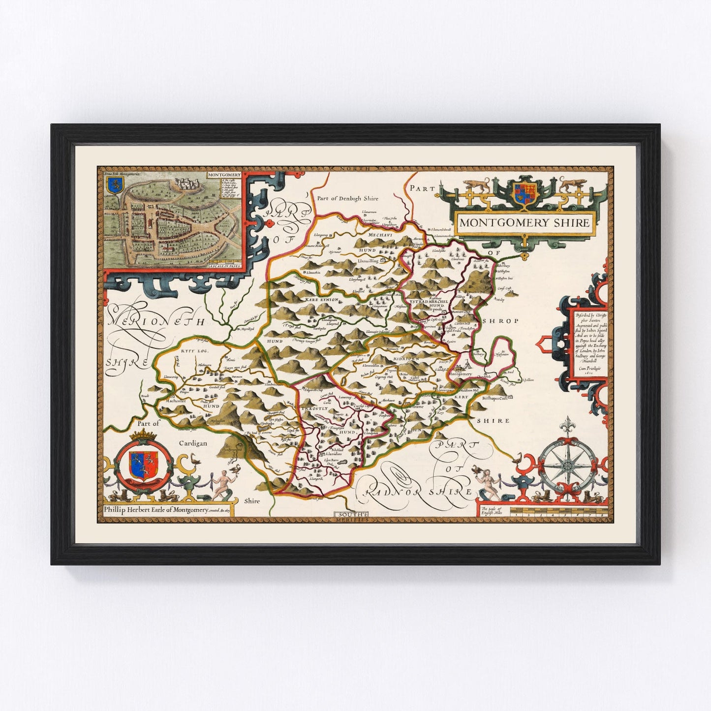 vintage map of Montgomeryshire, Wales, 1646