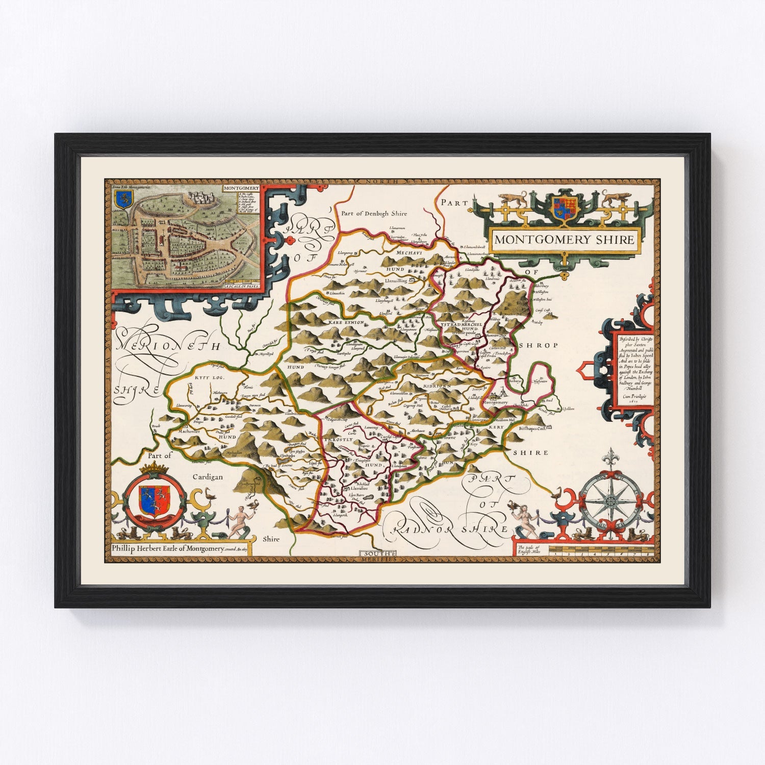 vintage map of Montgomeryshire, Wales, 1646
