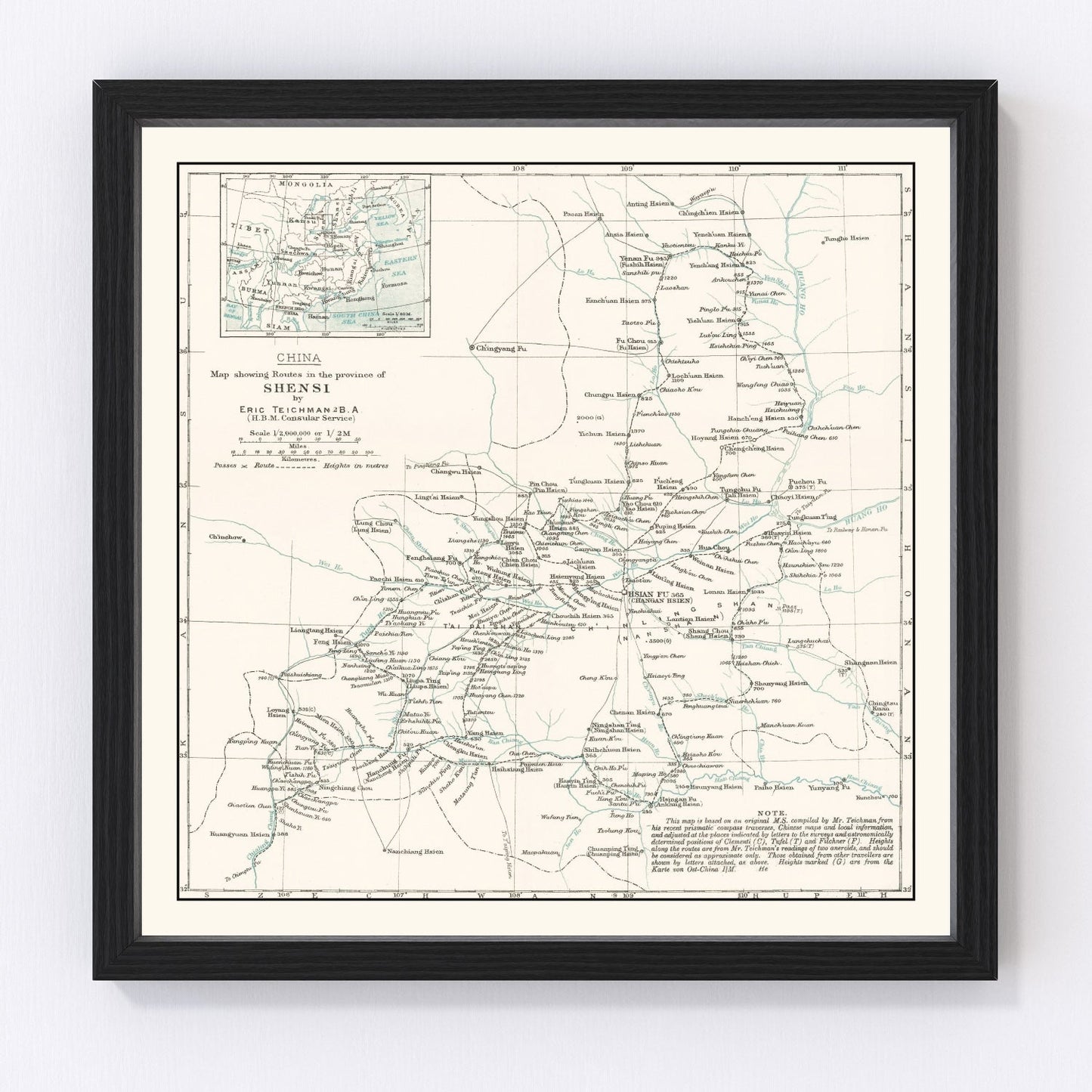 Vintage 1918 map of Shaanxi Province China from the Republican era, restored cartographic print